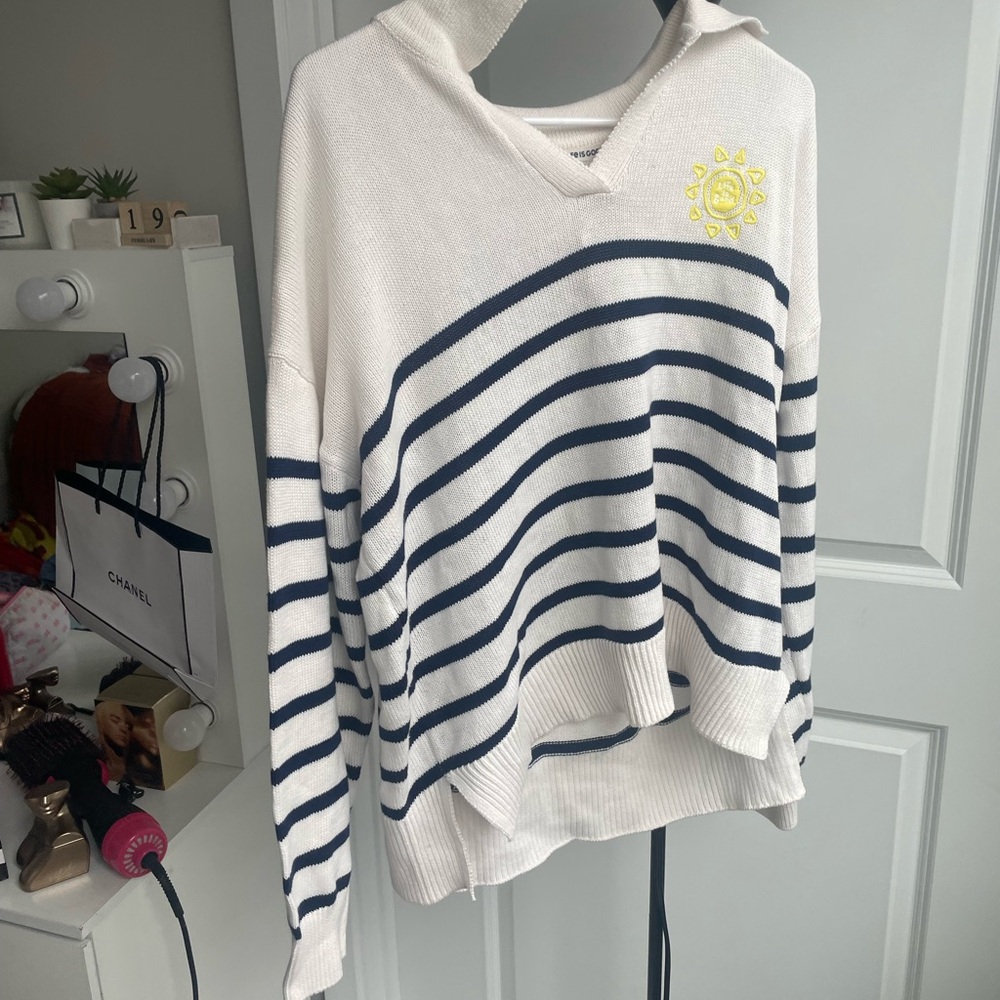 Life Is Good White and Blue Striped Sweater